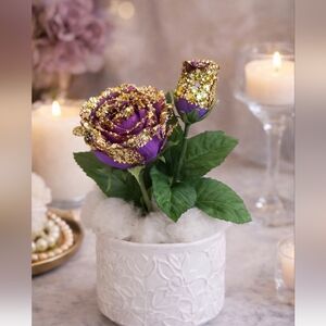 Purple Glitter Rose Set 2 Gold Chunky Sparkle Faux Flowers, Luxury Glam Decor